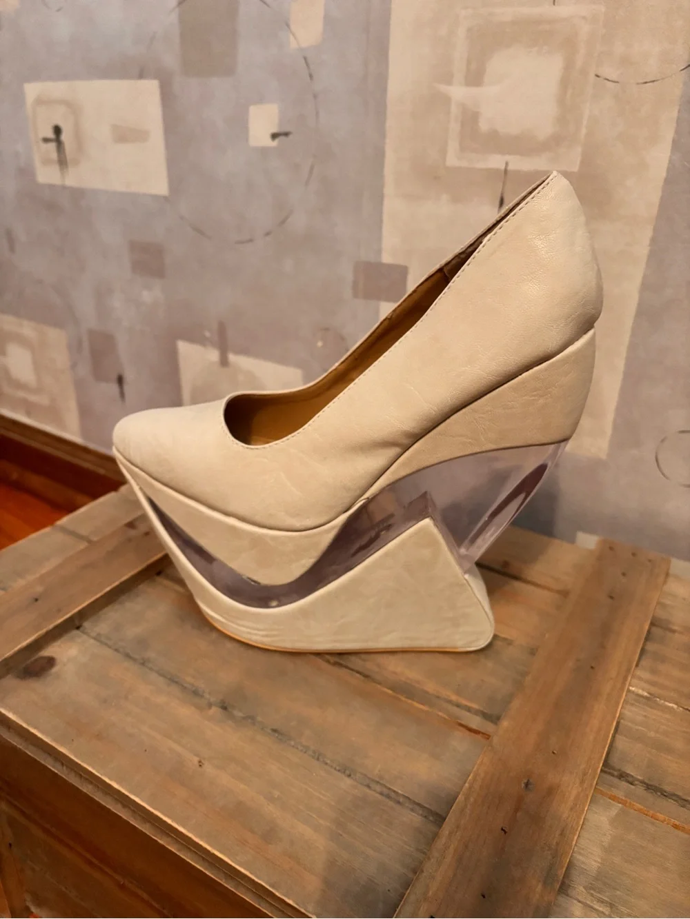 Beige Platform Wedge Pumps